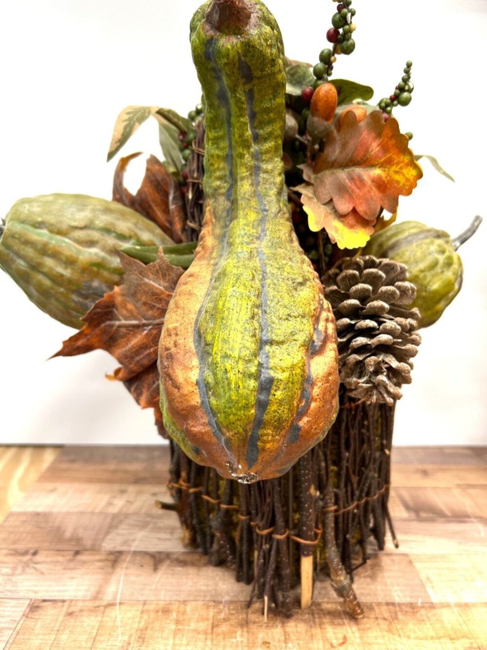 Rustic Fall Faux Pumpkin & Gourd Arrangement With Twigs Pinecone And Greenery